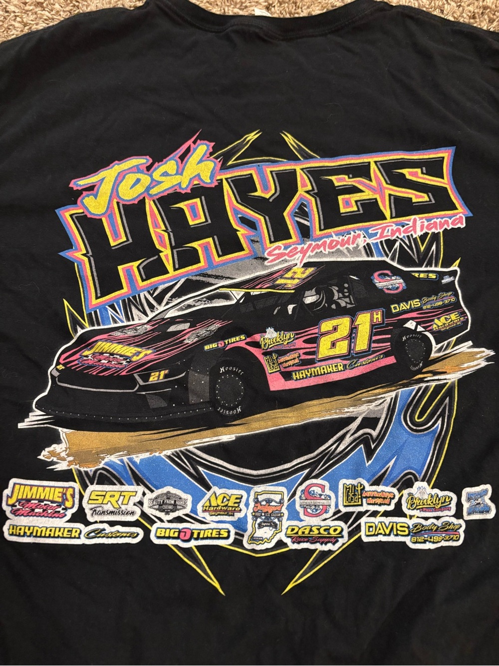 Fruit of the Loom Black Kids Tee with Yellow & Purple Racing Graphic - Picture 6 of 7
